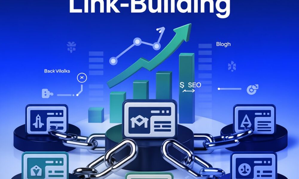 digital illustration of a website linked by blue chains to multiple authority sites