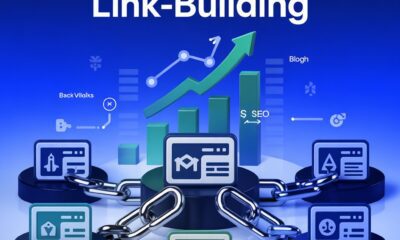 digital illustration of a website linked by blue chains to multiple authority sites