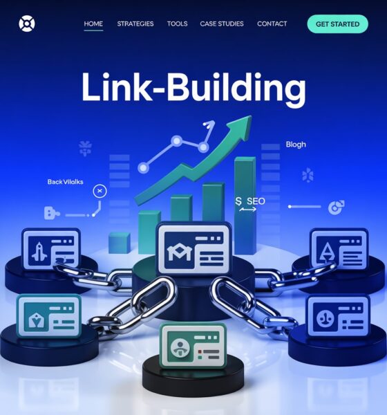 digital illustration of a website linked by blue chains to multiple authority sites