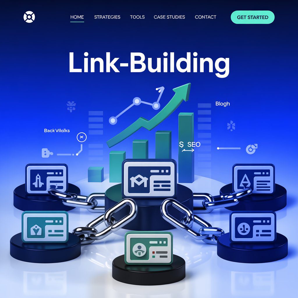 How to Create an Effective Link Building Strategy 30 digital illustration of a website linked by blue chains to multiple authority sites