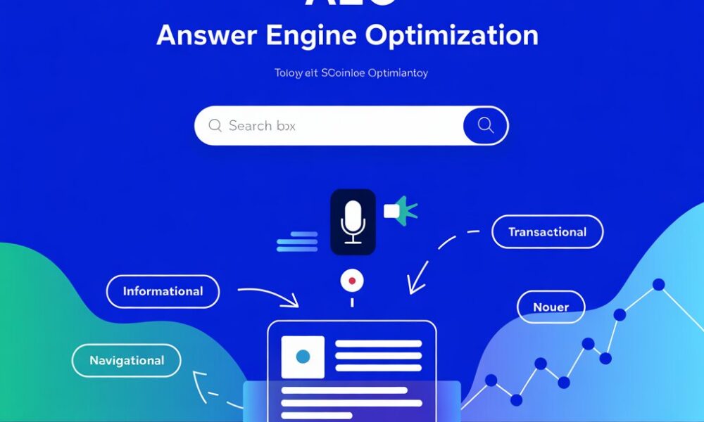 Digital illustration representing Answer Engine Optimization (AEO) with search bar
