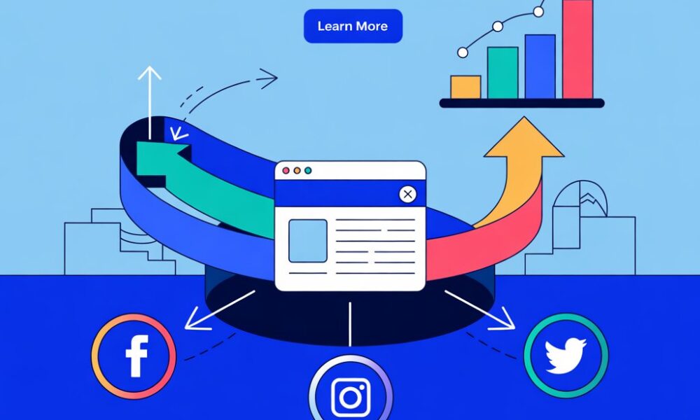 Illustration of social media icons boosting website traffic and online presence growth