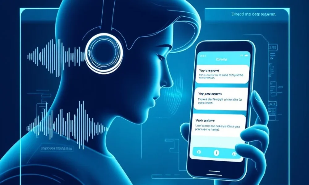 Illustration of a user interacting with an AI assistant using natural language, with answers being generated in a conversational format, symbolizing AEO optimization.