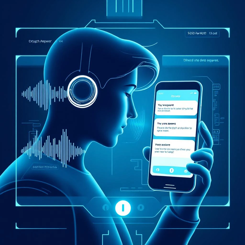 Illustration of a user interacting with an AI assistant using natural language, with answers being generated in a conversational format, symbolizing AEO optimization.