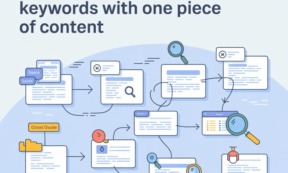 Flat-style infographic titled “How to Rank for Multiple Keywords with One Piece of Content” in a blue theme,