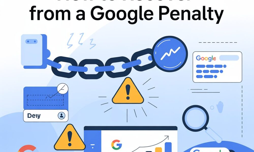 A flat-style infographic banner with a blue theme titled “How to Recover from a Google Penalty.