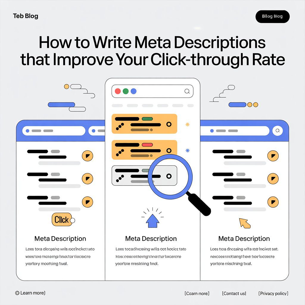 Infographic titled “How to Write Meta Descriptions That Improve Your Click-Through Rate,” featuring icons of search engine result pages