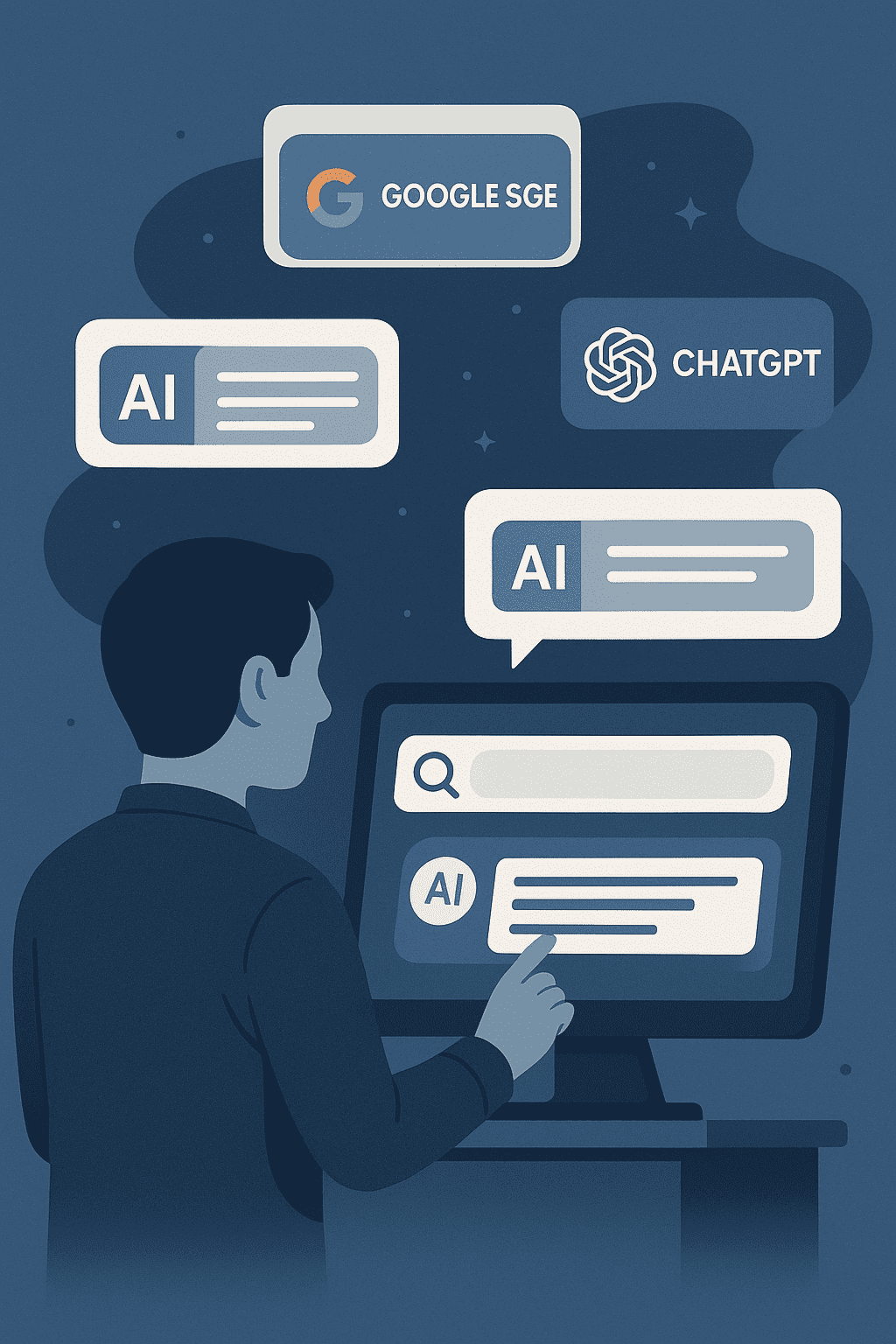 Illustration of AI-powered answer engines delivering direct search responses to users via tools like Google SGE, ChatGPT, and Bing Chat