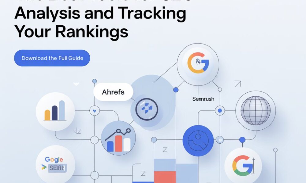 “The Best Tools for SEO Analysis and Tracking Your Rankings,” featuring SEO tools, ranking charts, graphs, and performance icons