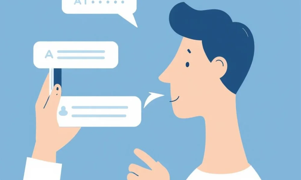 Illustration of a user interacting with an AI assistant using natural language, with answers being generated in a conversational format, symbolizing AEO optimization.