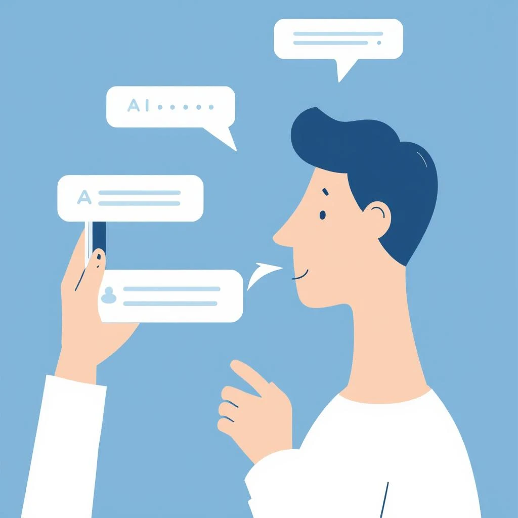 Illustration of a user interacting with an AI assistant using natural language, with answers being generated in a conversational format, symbolizing AEO optimization.