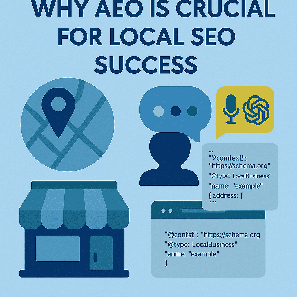 Infographic titled 'WHY AEO IS CRUCIAL FOR LOCAL SEO SUCCESS' featuring icons of a map with a location pin, a person with speech bubbles