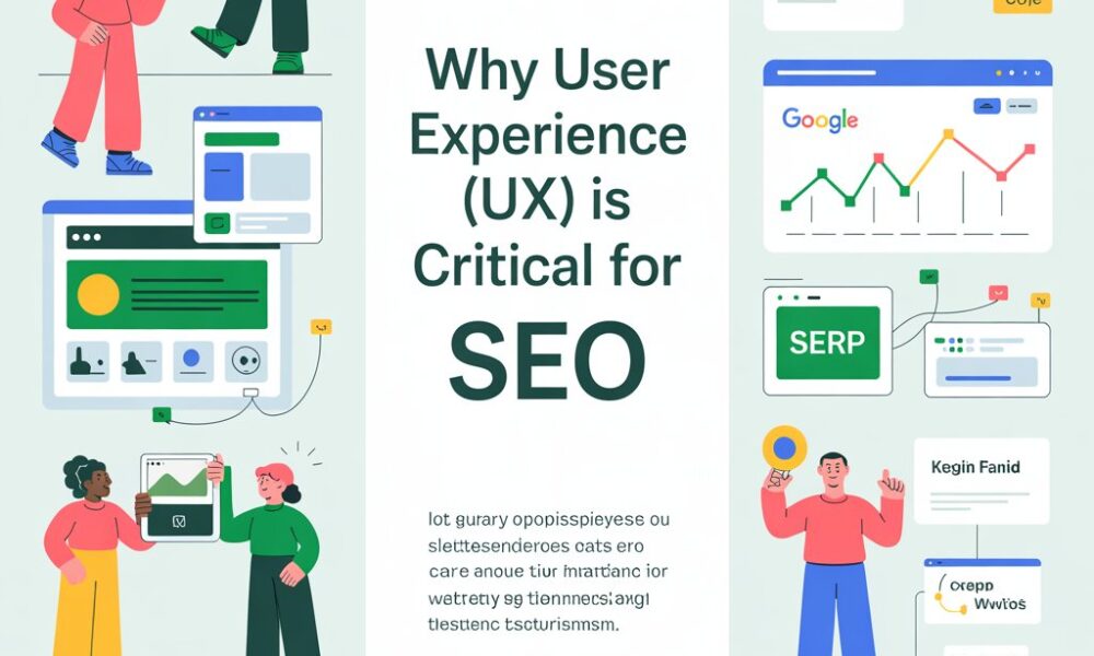 Digital illustration titled “Why User Experience (UX) Is Critical for SEO” showing users browsing responsive websites