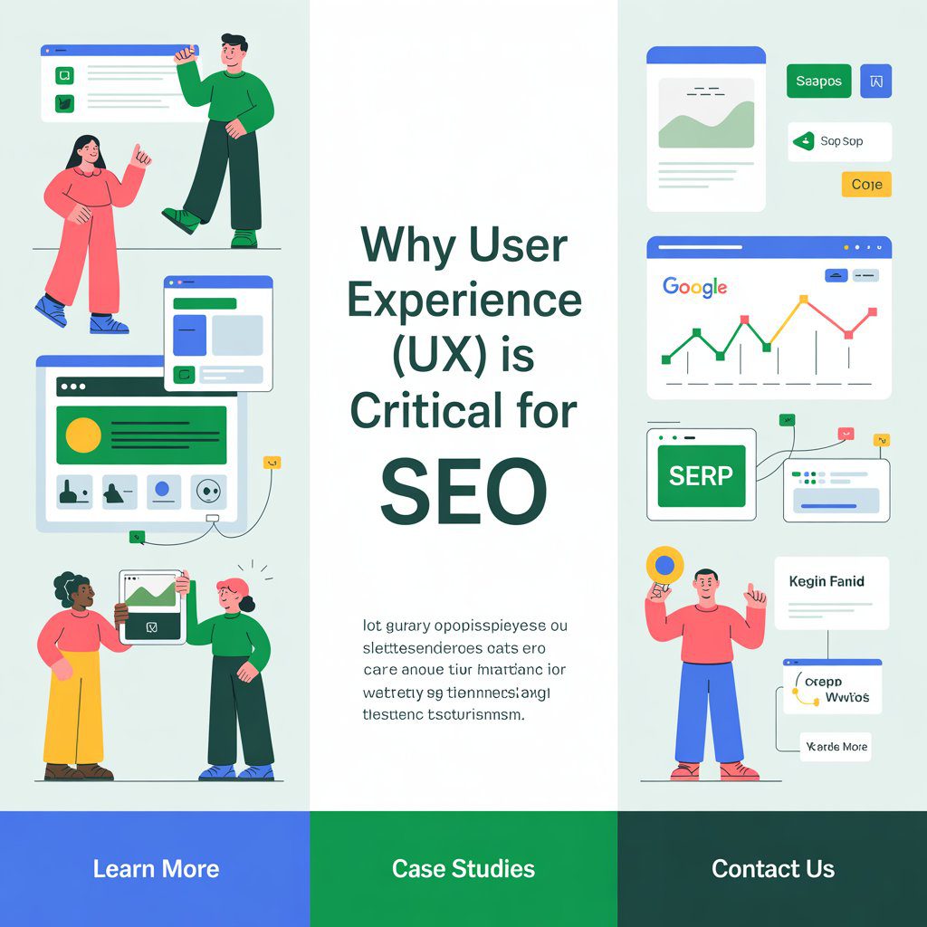 Digital illustration titled “Why User Experience (UX) Is Critical for SEO” showing users browsing responsive websites